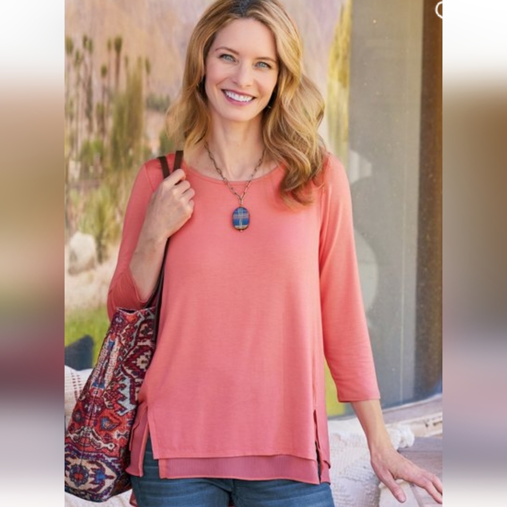 Soft Surroundings Marique Rayon hi low asymmetrical hem coral tunic top XL NWT